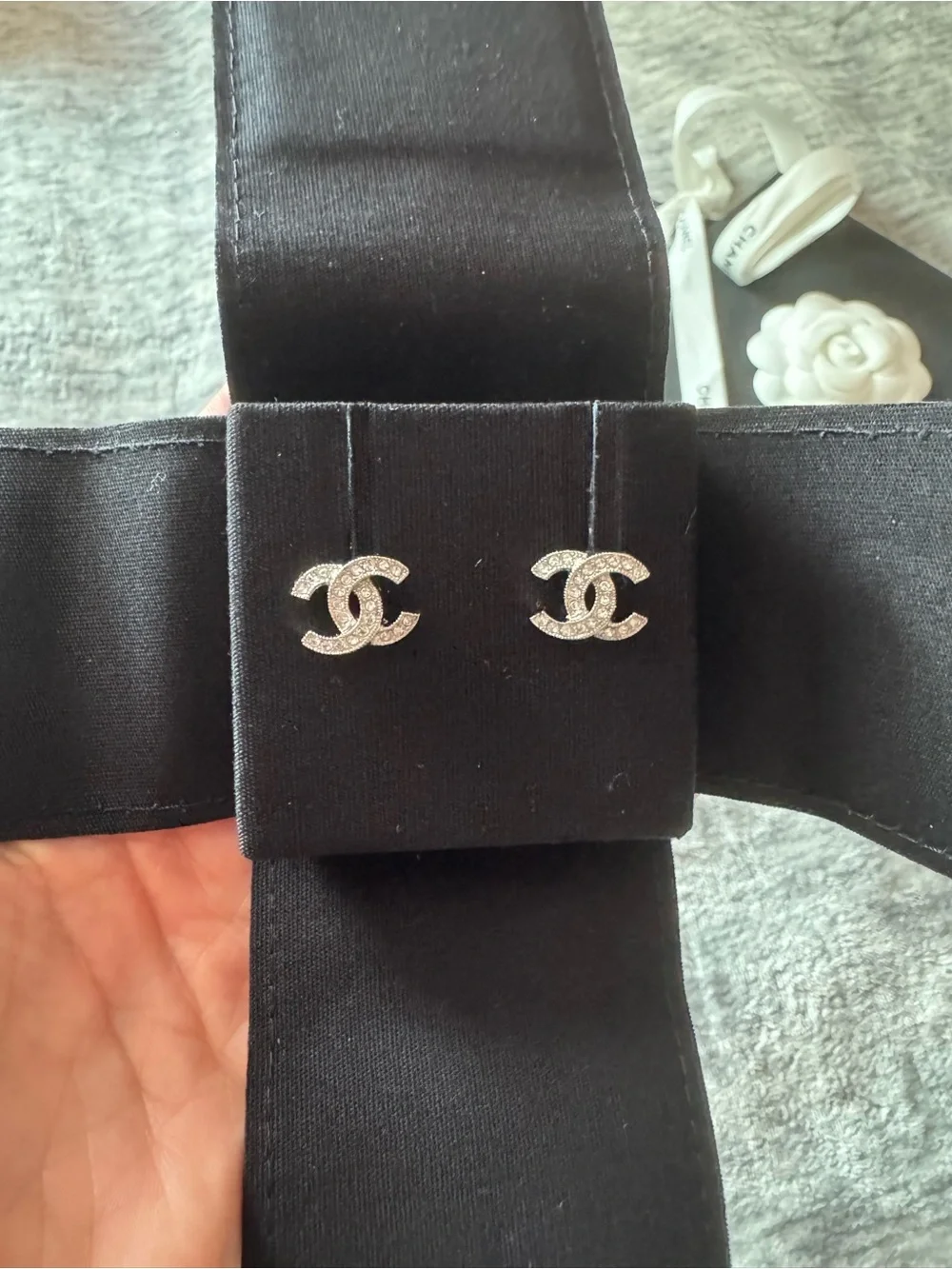 Chanel Silver-Tone Crystal CC Logo Stud Earrings