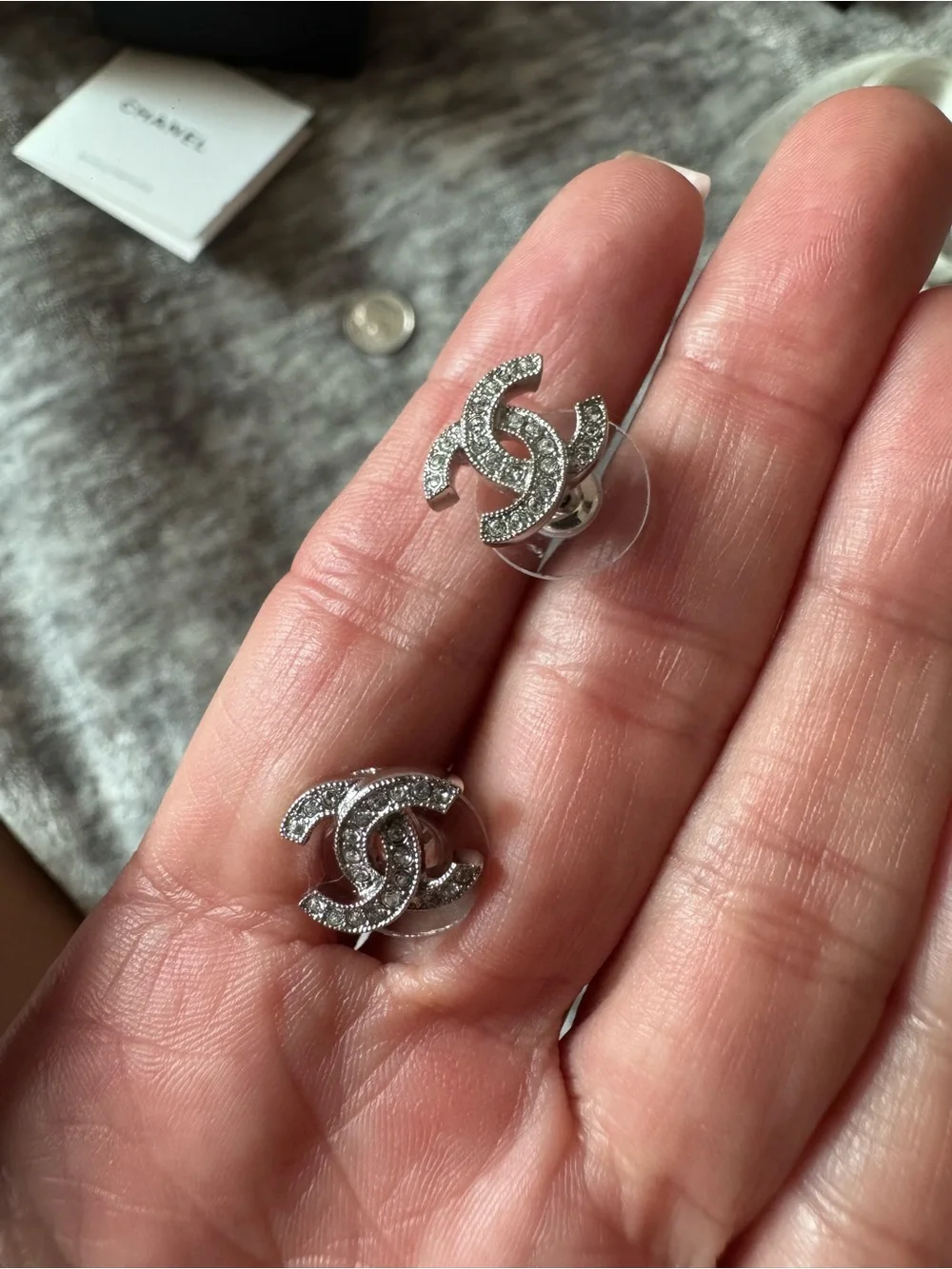 Chanel Silver-Tone Crystal CC Logo Stud Earrings