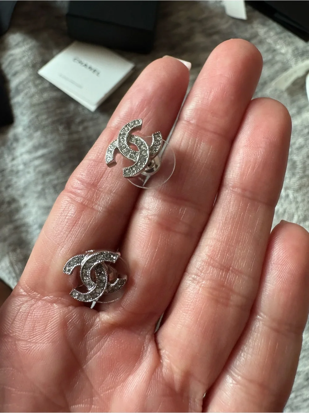 Chanel Silver-Tone Crystal CC Logo Stud Earrings