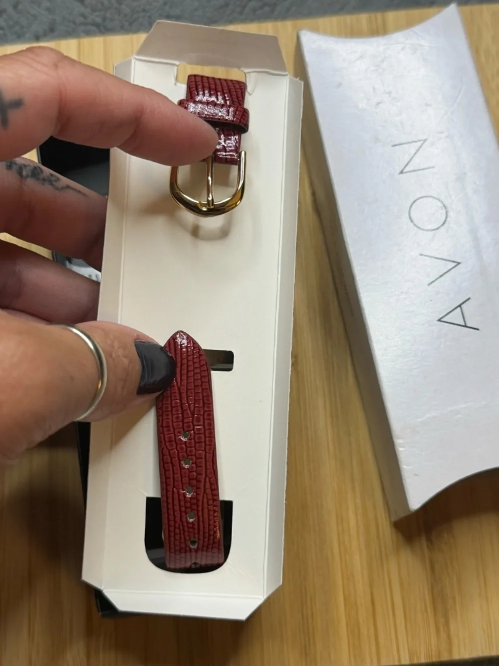 Avon Kayla Quartz Wine Red Faux Croc Strap Gold Crystal Rectangle Bezel Watch