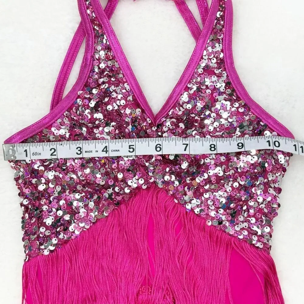 Weissman Showtime Fuschia Pink Sequin Dance Costume US Size IC 7-8 Intermediate