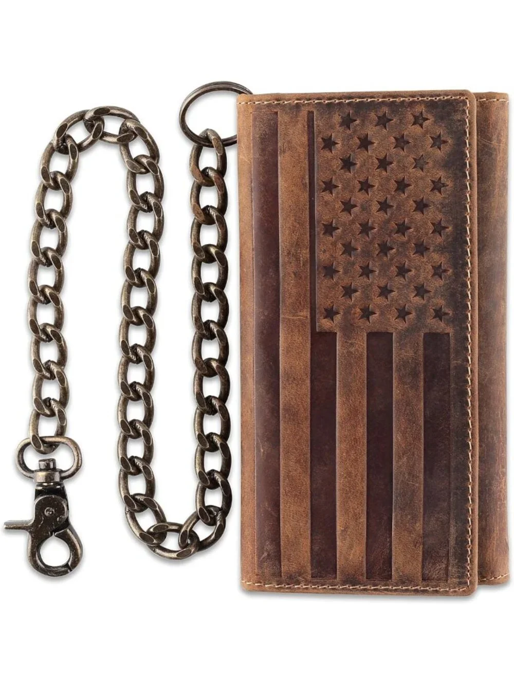 Classic RFID Blocking Men's Tri-Fold Leather Wallet with Steel Chain - Brown