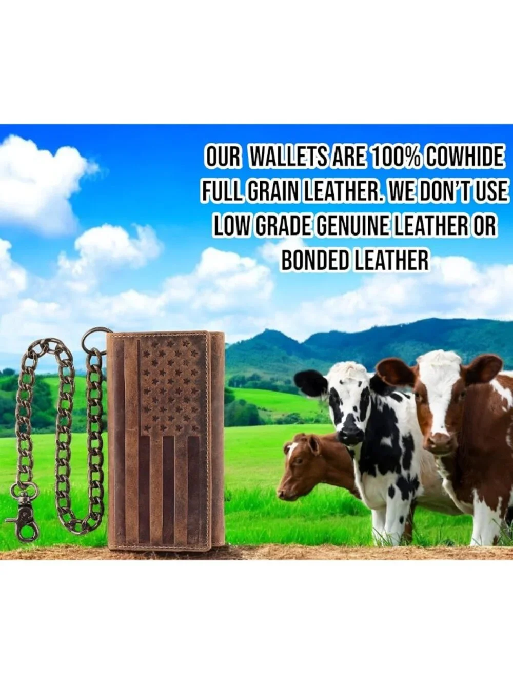 Classic RFID Blocking Men's Tri-Fold Leather Wallet with Steel Chain - Brown