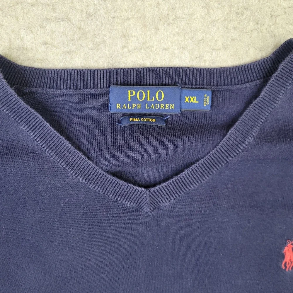 Polo Ralph Lauren V-Neck Sweater Mens 2XL Blue Pima Cotton Long Sleeve Pullover
