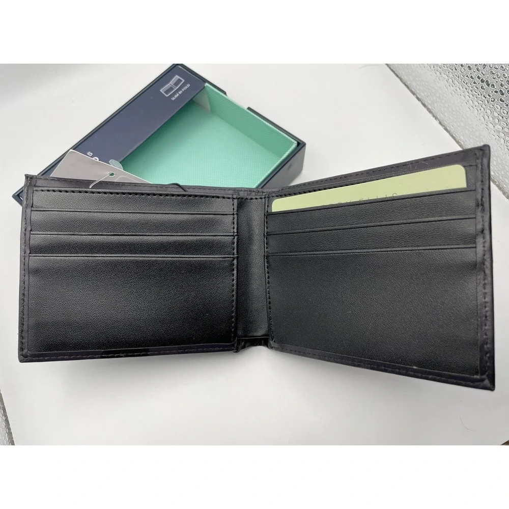 Perry Ellis Portfolio Mens Black Leather Slim Bifold Wallet Tonal Camo Pattern