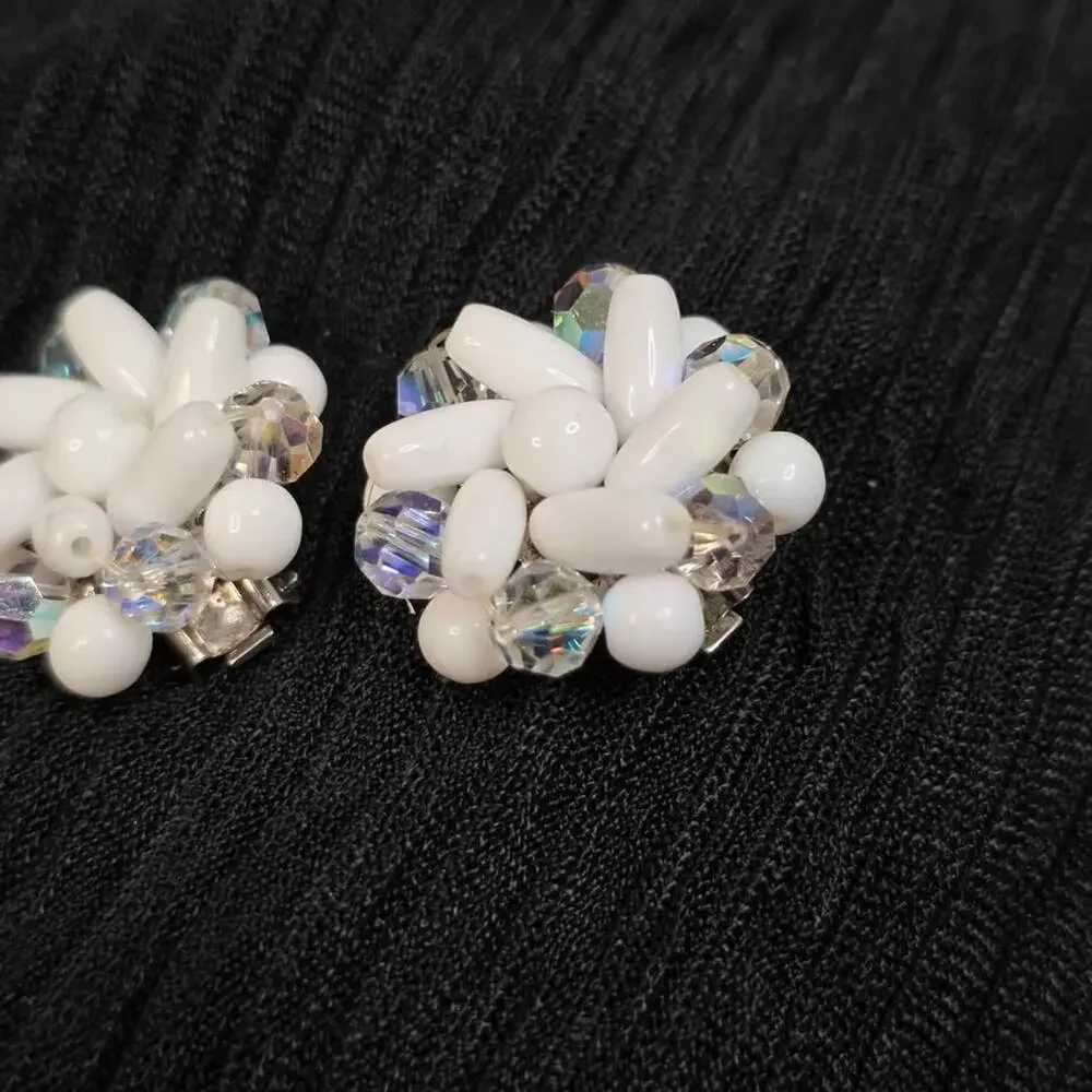 Vintage West Germany White Beaded Clip-On Earrings Aurora Borealis Rhinestone