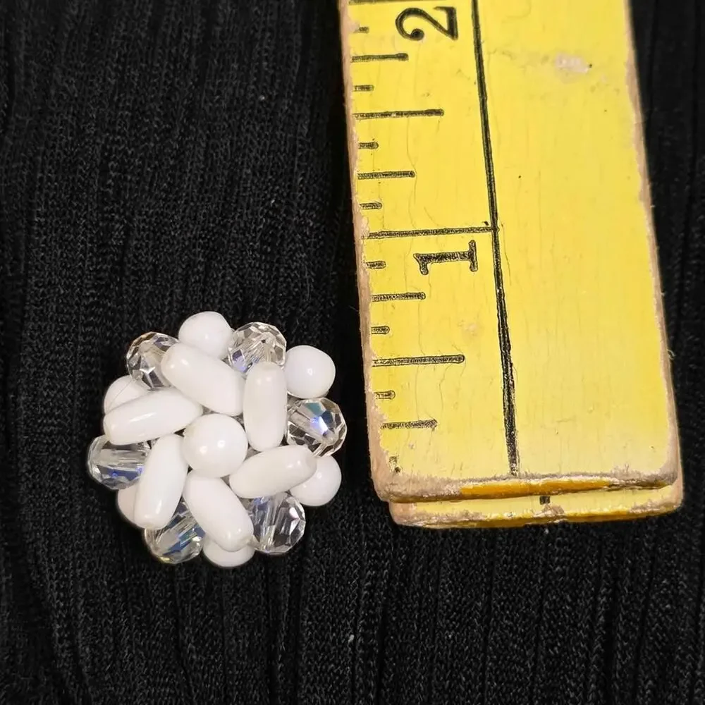 Vintage West Germany White Beaded Clip-On Earrings Aurora Borealis Rhinestone