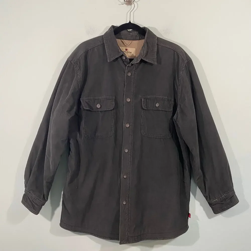 Woolrich Men Dark Green Corduroy Sherpa Lined Shirt Jacket Chore Barn Coat Sz L