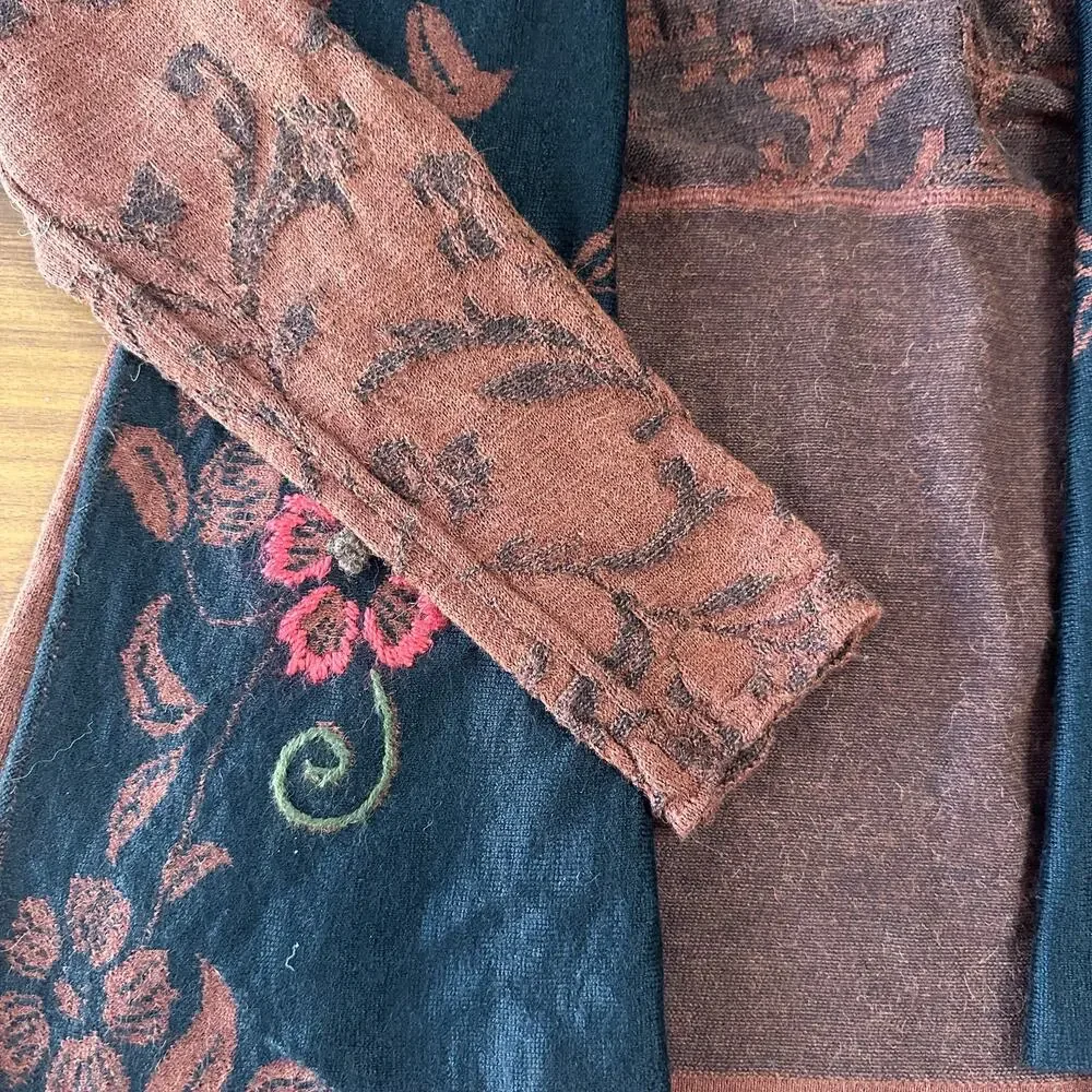 Caamana 100% Peruvian Alpaca Brown Floral Cardigan, Boho, Artisan, Luxury, Large