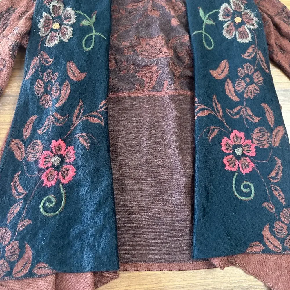 Caamana 100% Peruvian Alpaca Brown Floral Cardigan, Boho, Artisan, Luxury, Large