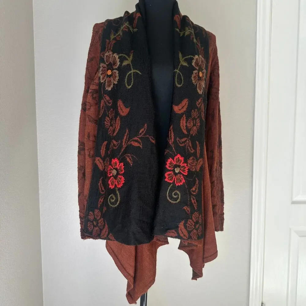 Caamana 100% Peruvian Alpaca Brown Floral Cardigan, Boho, Artisan, Luxury, Large