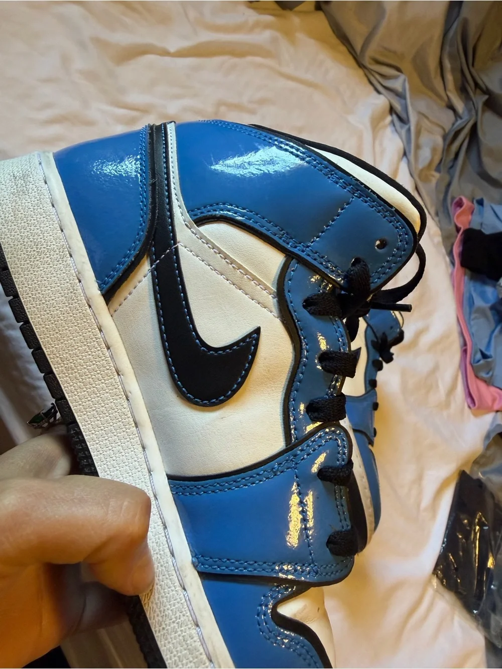 Jordan Kids Patent Blue White Black High-Top Sneakers