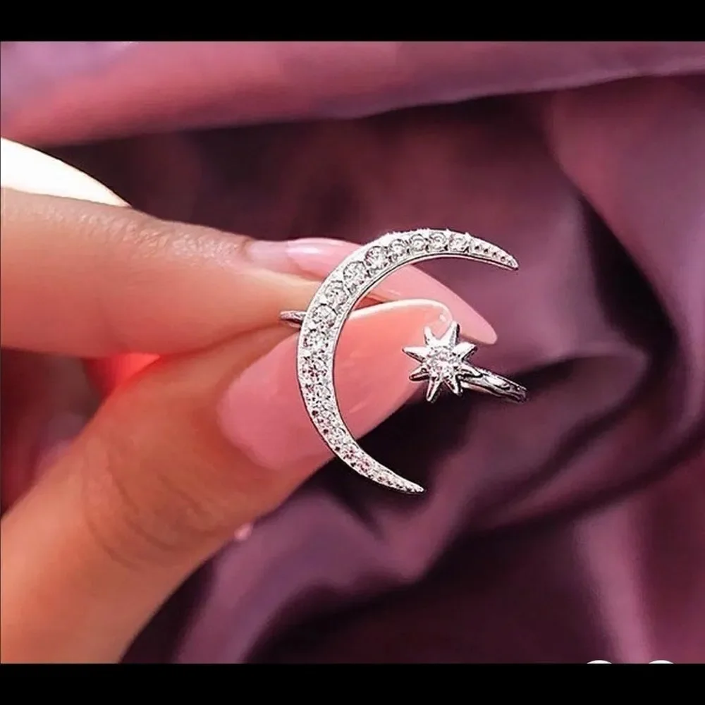 Crescent Moon & Star CZ Diamond Ring