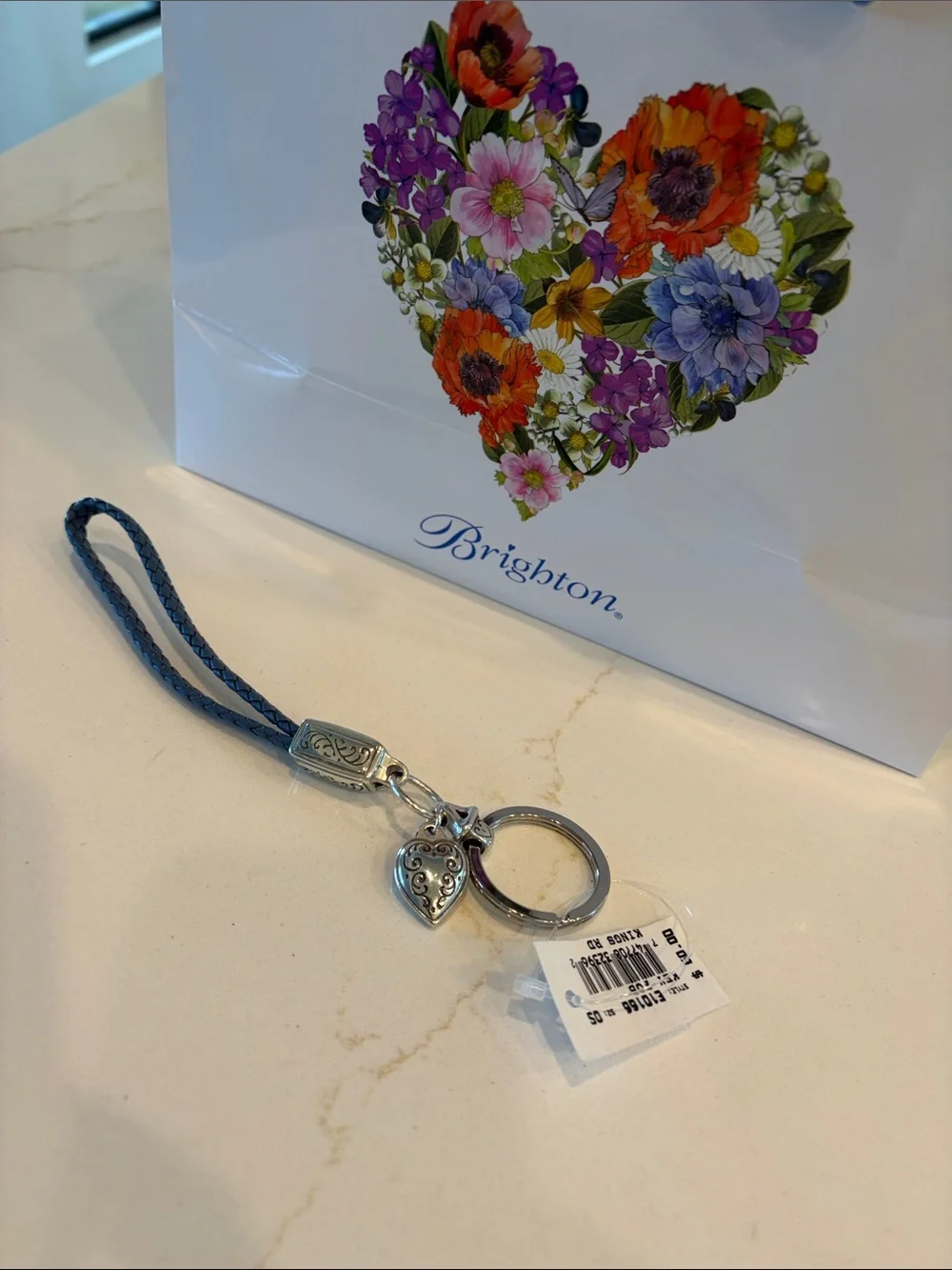 NWT Brighton Blue Braided Leather Heart Charm Wrist Keyring