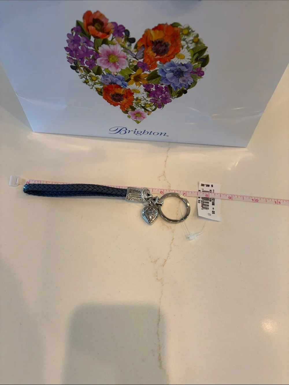 NWT Brighton Blue Braided Leather Heart Charm Wrist Keyring