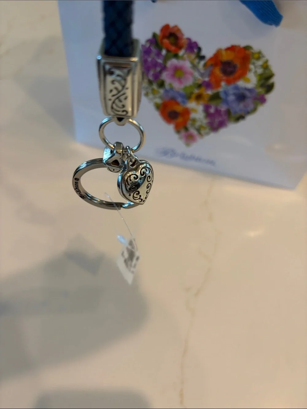 NWT Brighton Blue Braided Leather Heart Charm Wrist Keyring
