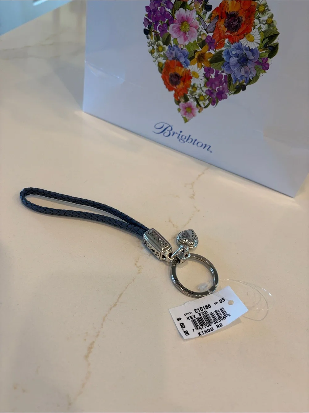 NWT Brighton Blue Braided Leather Heart Charm Wrist Keyring