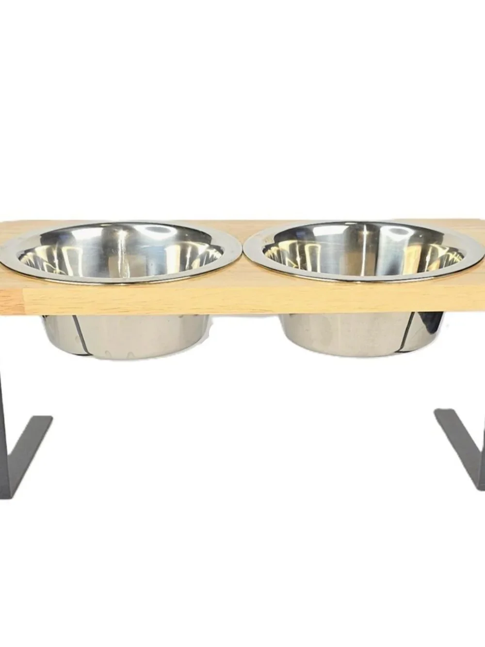 Elevated Double Cat Dog Bowls Wooden 15° Tilted Raised Stand Stainless Steel