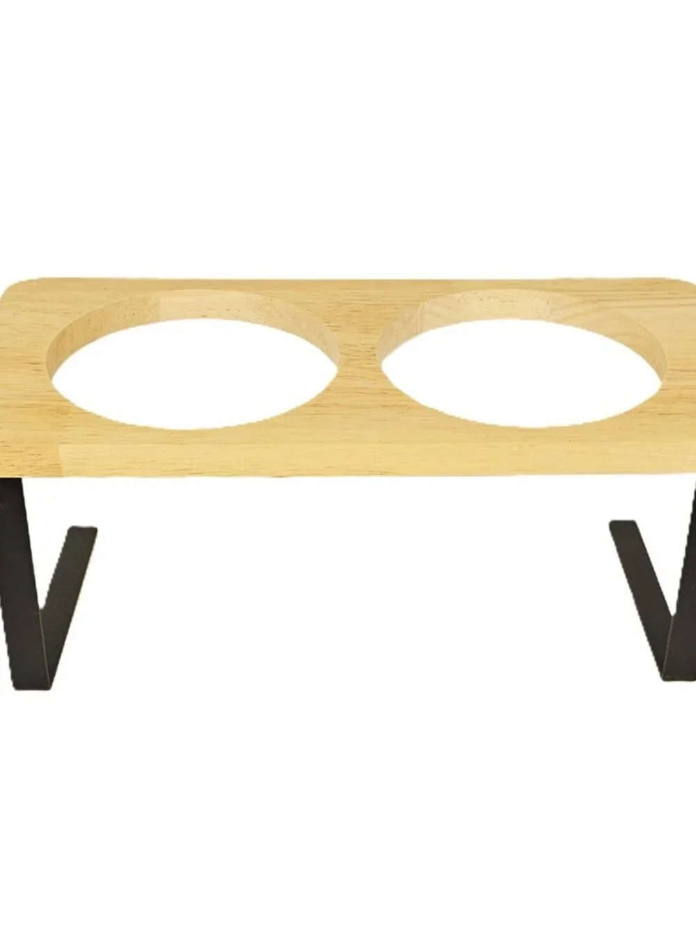 Elevated Double Cat Dog Bowls Wooden 15° Tilted Raised Stand Stainless Steel