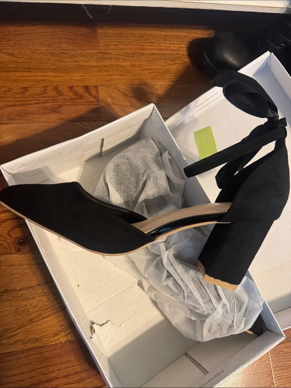 Black Pointed Block Heel Ankle-Tie Pumps
