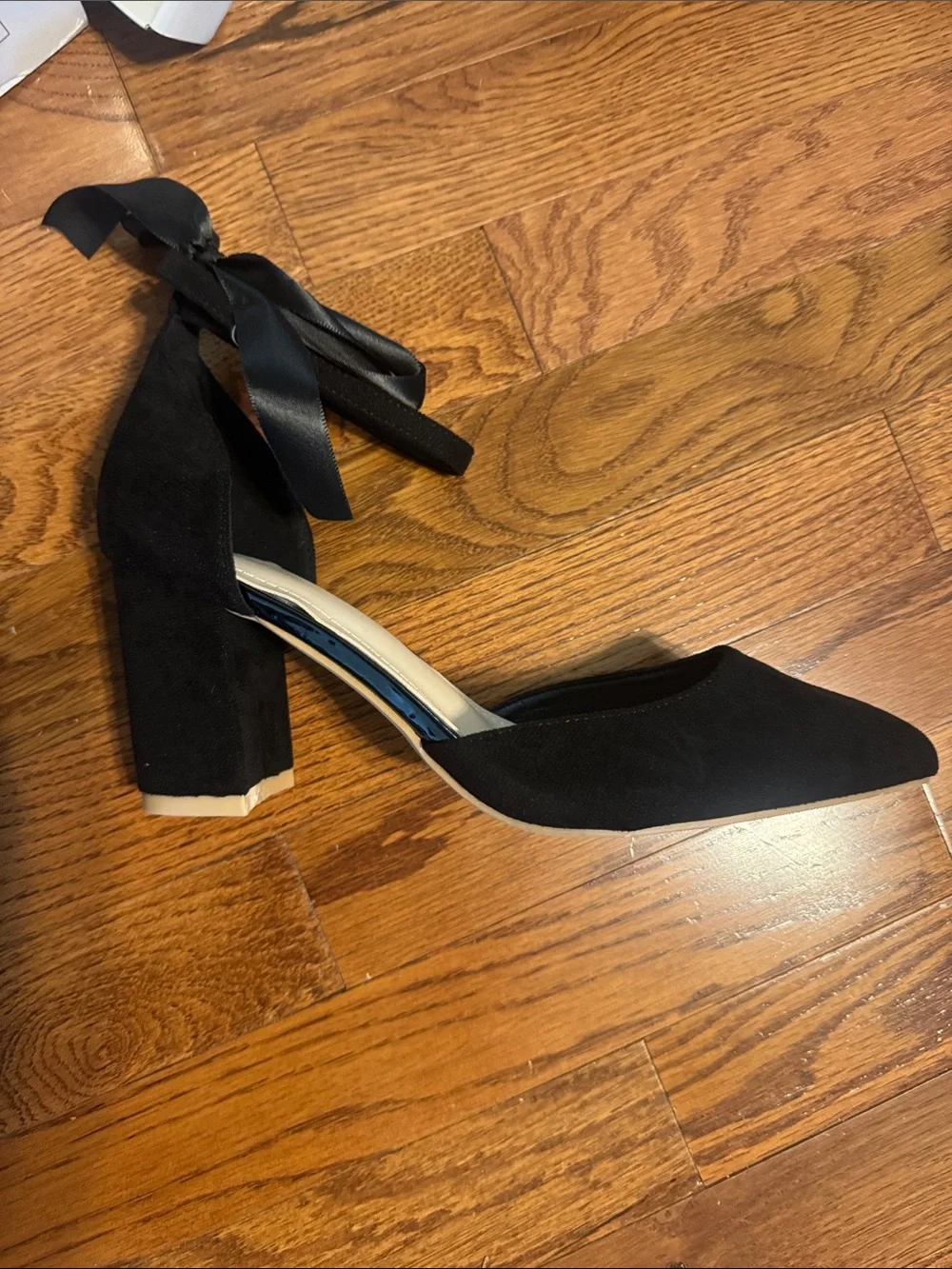 Black Pointed Block Heel Ankle-Tie Pumps