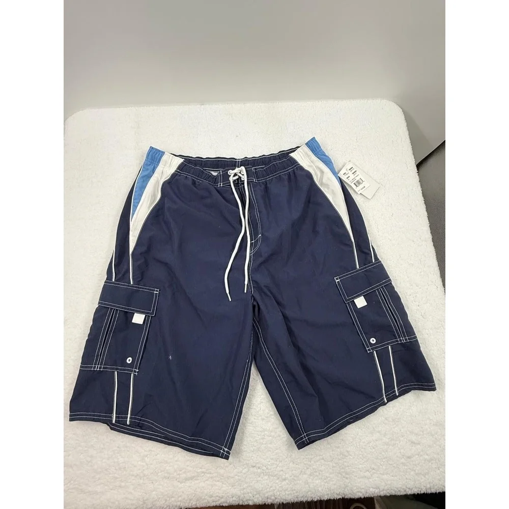 Carnival Navy Blue White Piping Drawstring Waist Side Pockets Shorts Extra Large