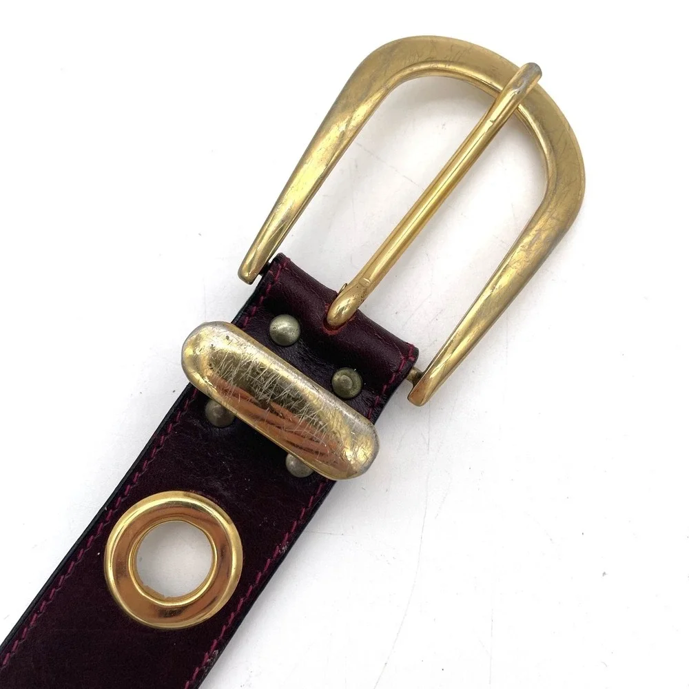 Vintage Italian Leather Grommet Belt Burgundy Gold Tone Hardware Size 100cm