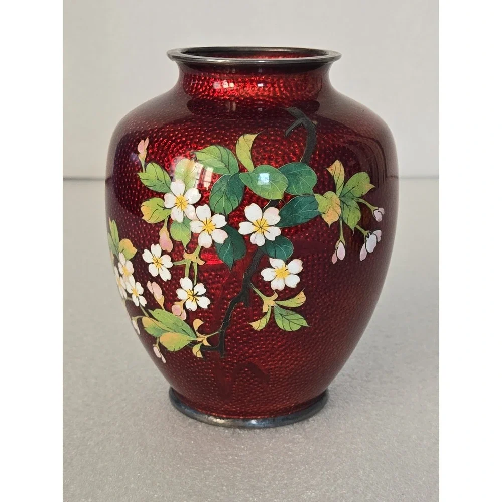 Vintage Japanese‎ Cloisonne Pigeon Red Vase with Flowers 5
