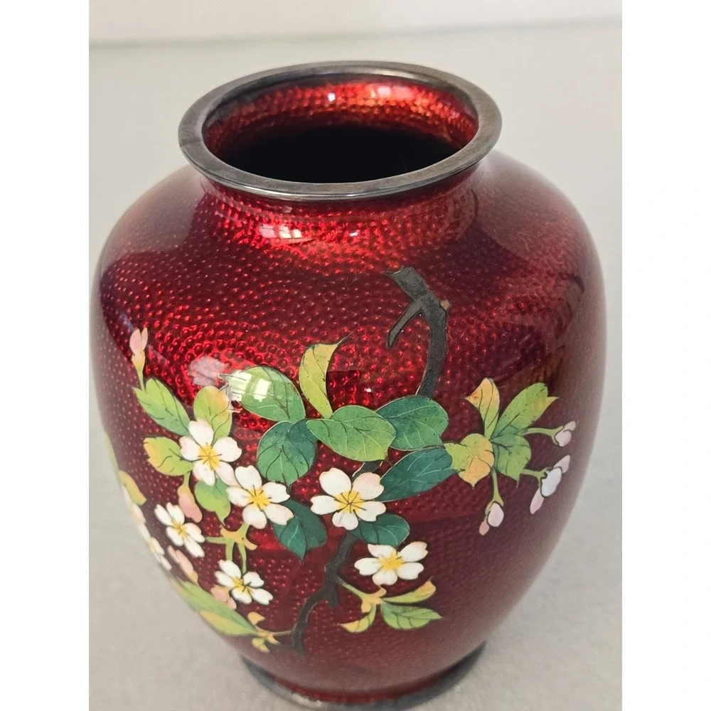 Vintage Japanese‎ Cloisonne Pigeon Red Vase with Flowers 5