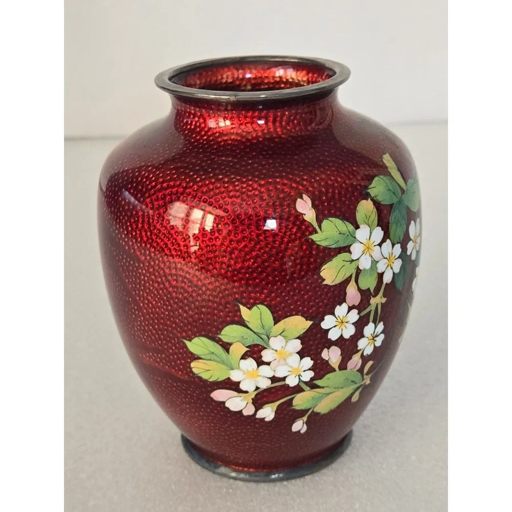 Vintage Japanese‎ Cloisonne Pigeon Red Vase with Flowers 5