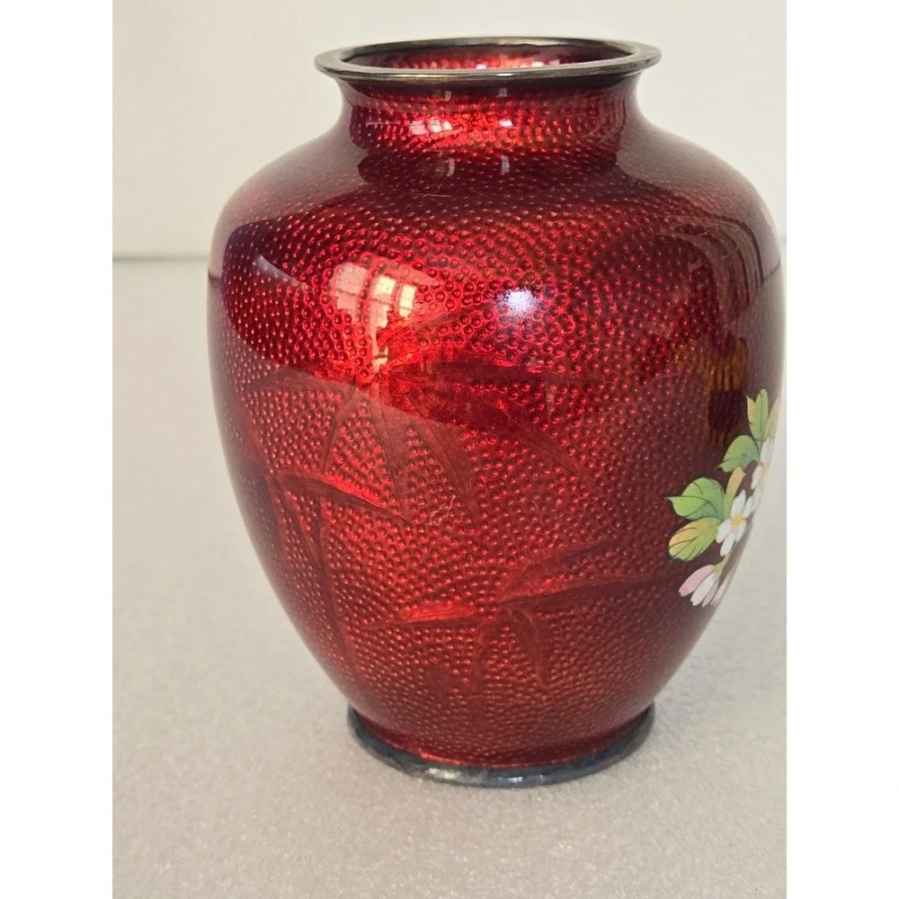 Vintage Japanese‎ Cloisonne Pigeon Red Vase with Flowers 5