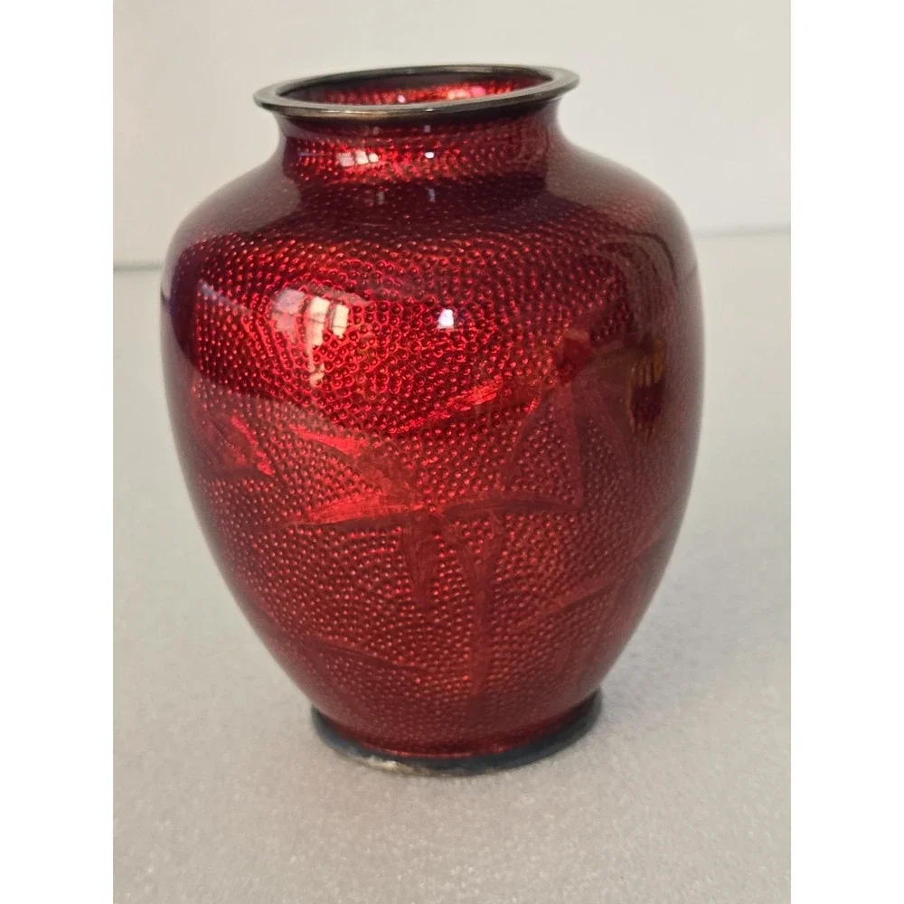 Vintage Japanese‎ Cloisonne Pigeon Red Vase with Flowers 5