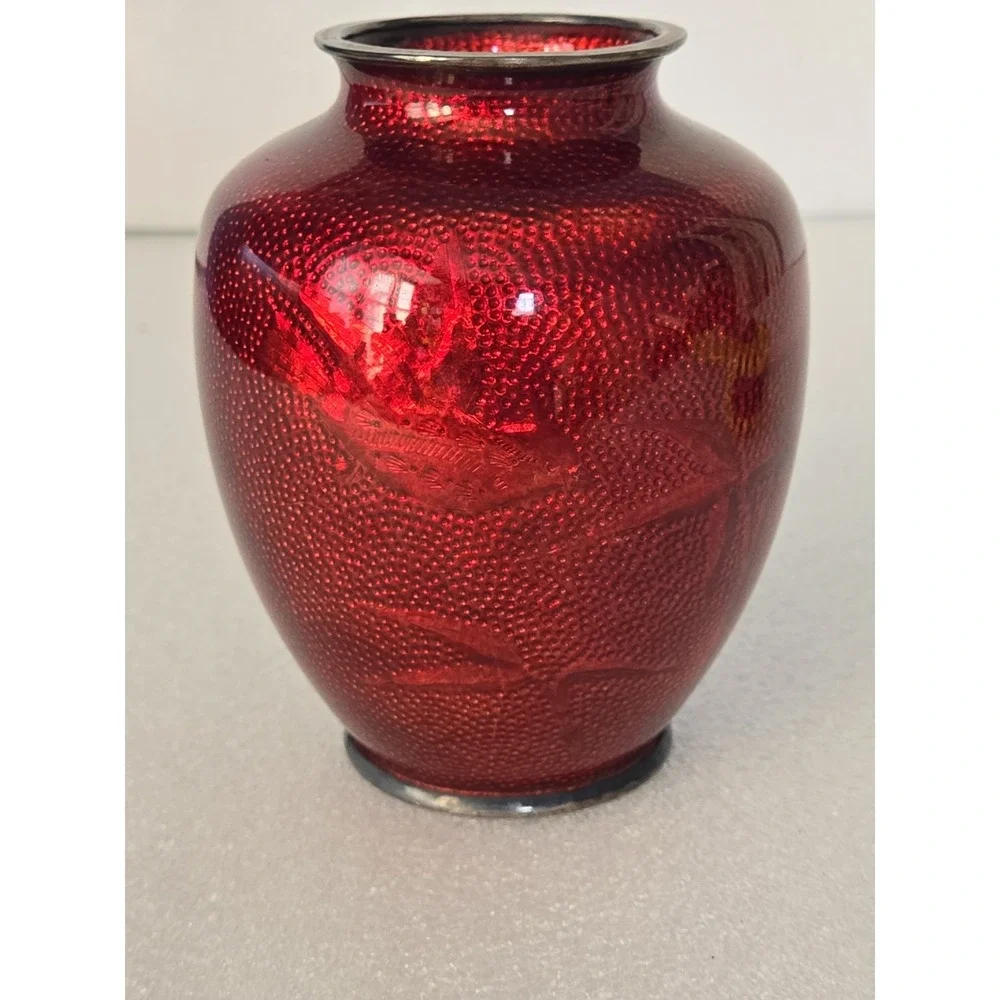 Vintage Japanese‎ Cloisonne Pigeon Red Vase with Flowers 5
