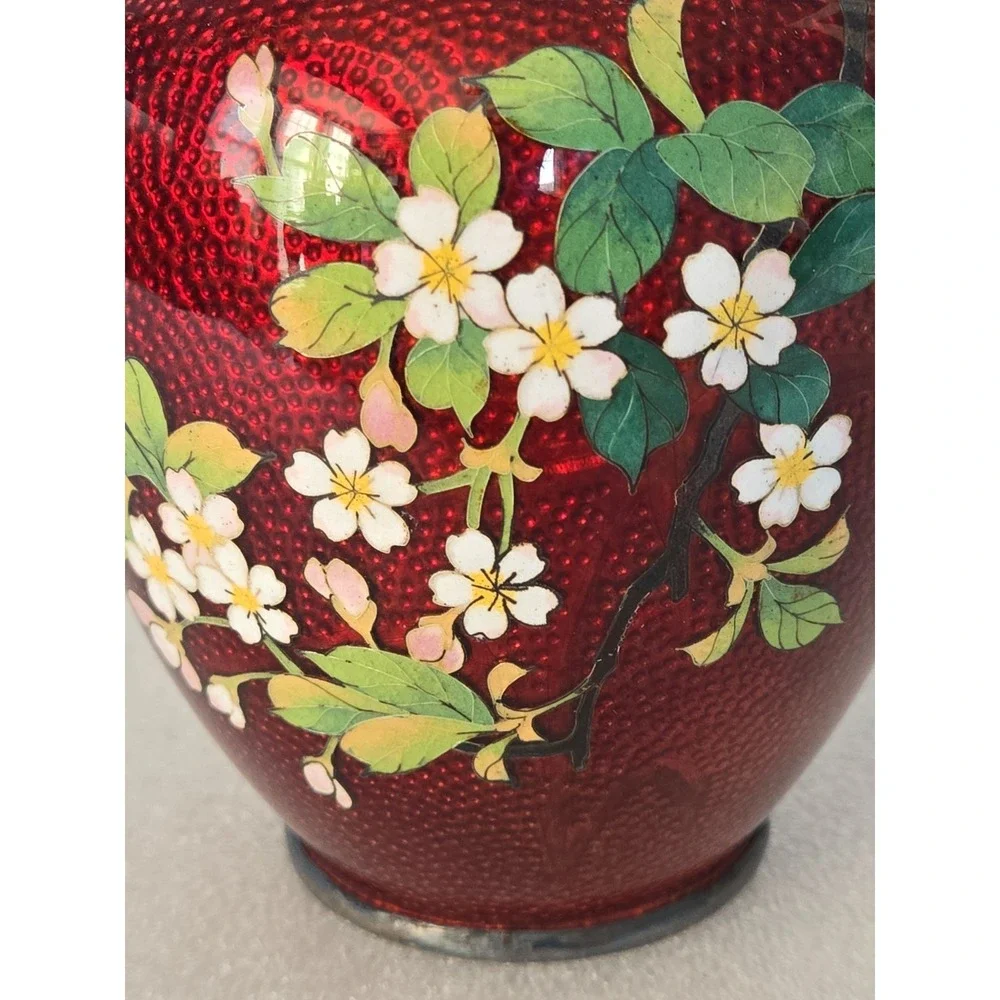 Vintage Japanese‎ Cloisonne Pigeon Red Vase with Flowers 5