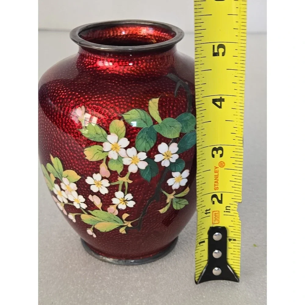 Vintage Japanese‎ Cloisonne Pigeon Red Vase with Flowers 5