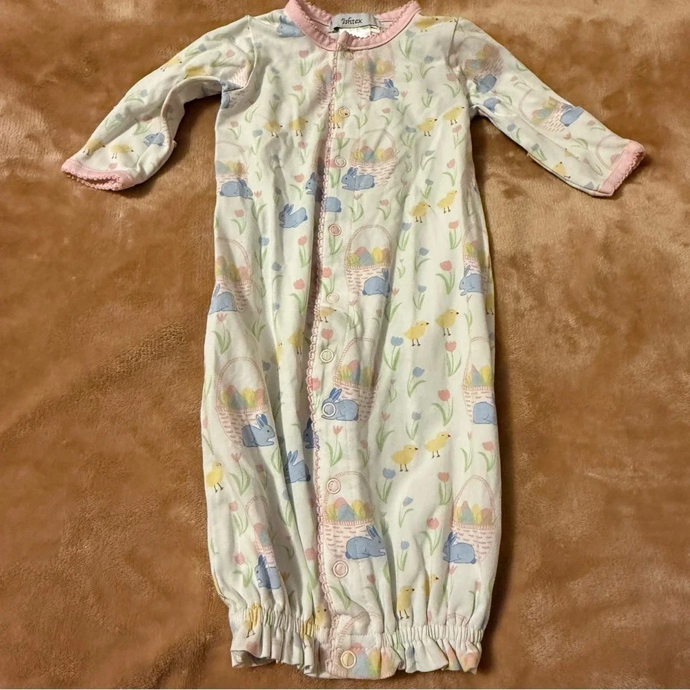 Ishtex Baby Girl Easter Bunny Chick Converter Gown Romper Pink Trim NB