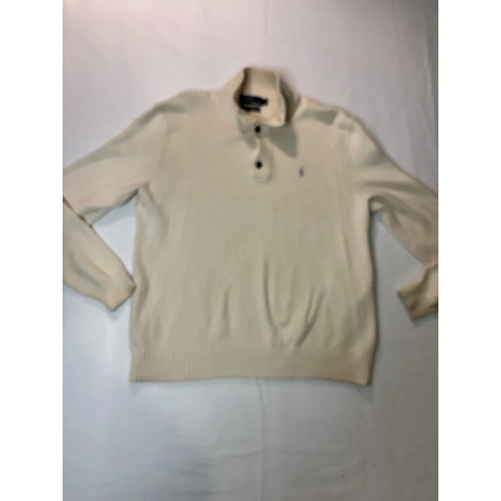 Polo Ralph Lauren Mens Sweater Cream 100 Cotton 1/4 Zip Button Collar L‎