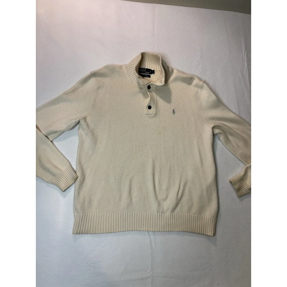 Polo Ralph Lauren Mens Sweater Cream 100 Cotton 1/4 Zip Button Collar L‎