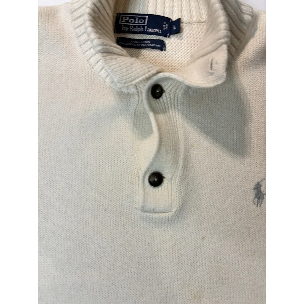 Polo Ralph Lauren Mens Sweater Cream 100 Cotton 1/4 Zip Button Collar L‎