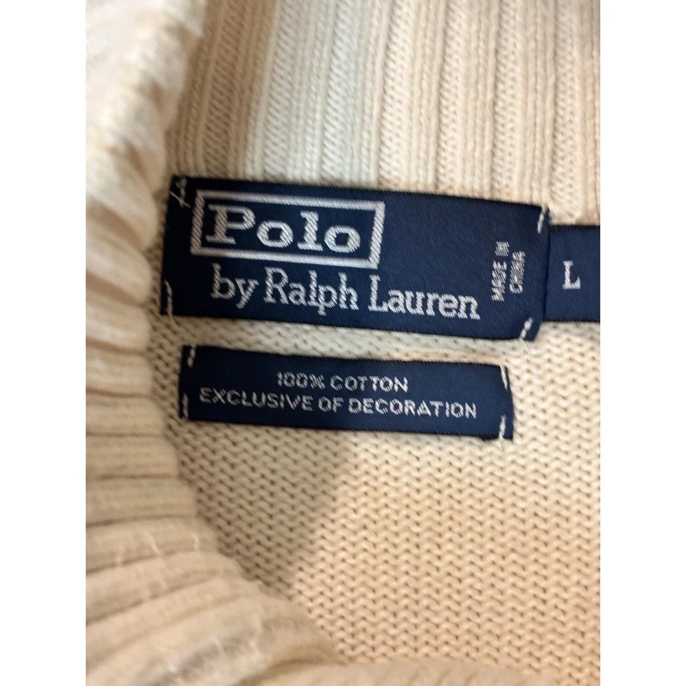 Polo Ralph Lauren Mens Sweater Cream 100 Cotton 1/4 Zip Button Collar L‎
