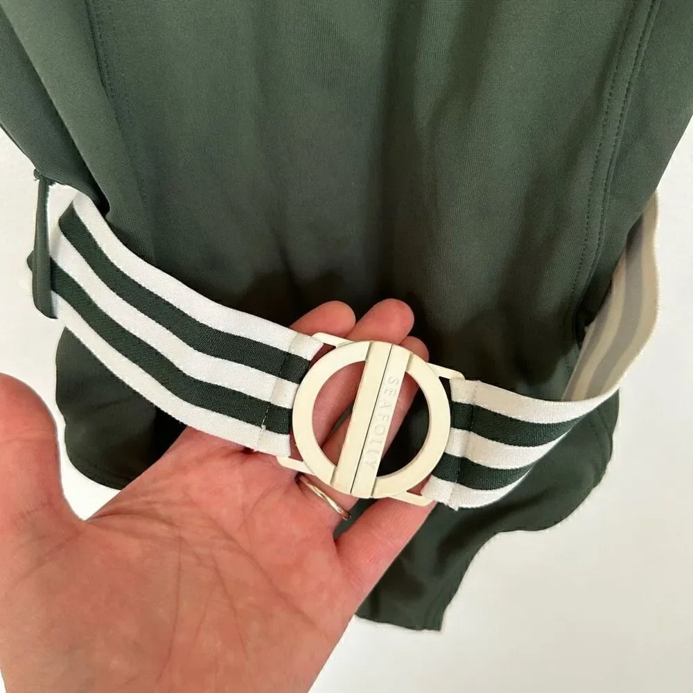 Seafolly Women's Green and White Tank Maillot Belted One Piece Swimsuit