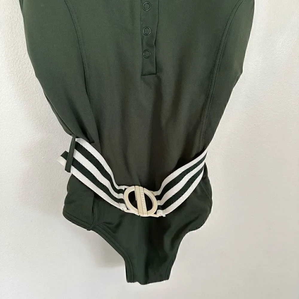 Seafolly Women's Green and White Tank Maillot Belted One Piece Swimsuit