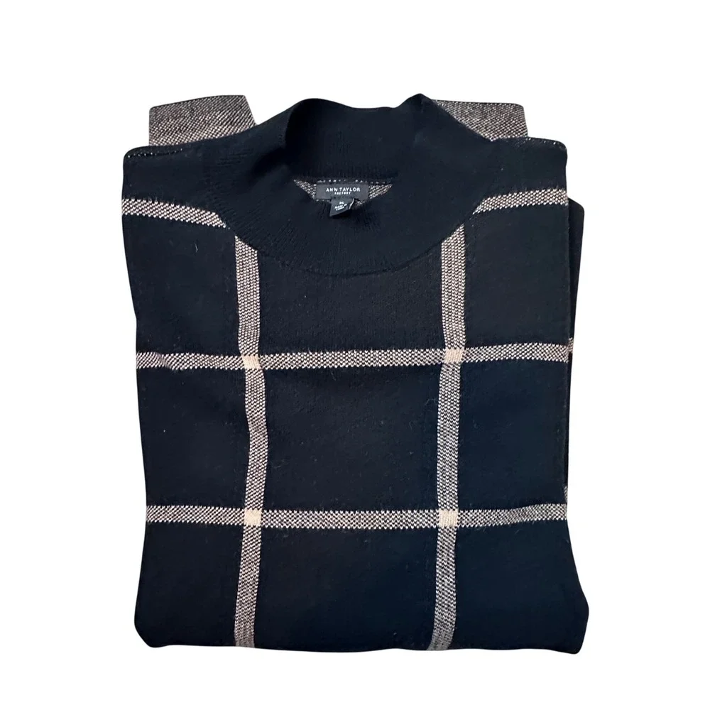 Ann Taylor Black & Tan Plaid XL Mock Neck Cotton Blend Long Sleeve Tunic Sweater