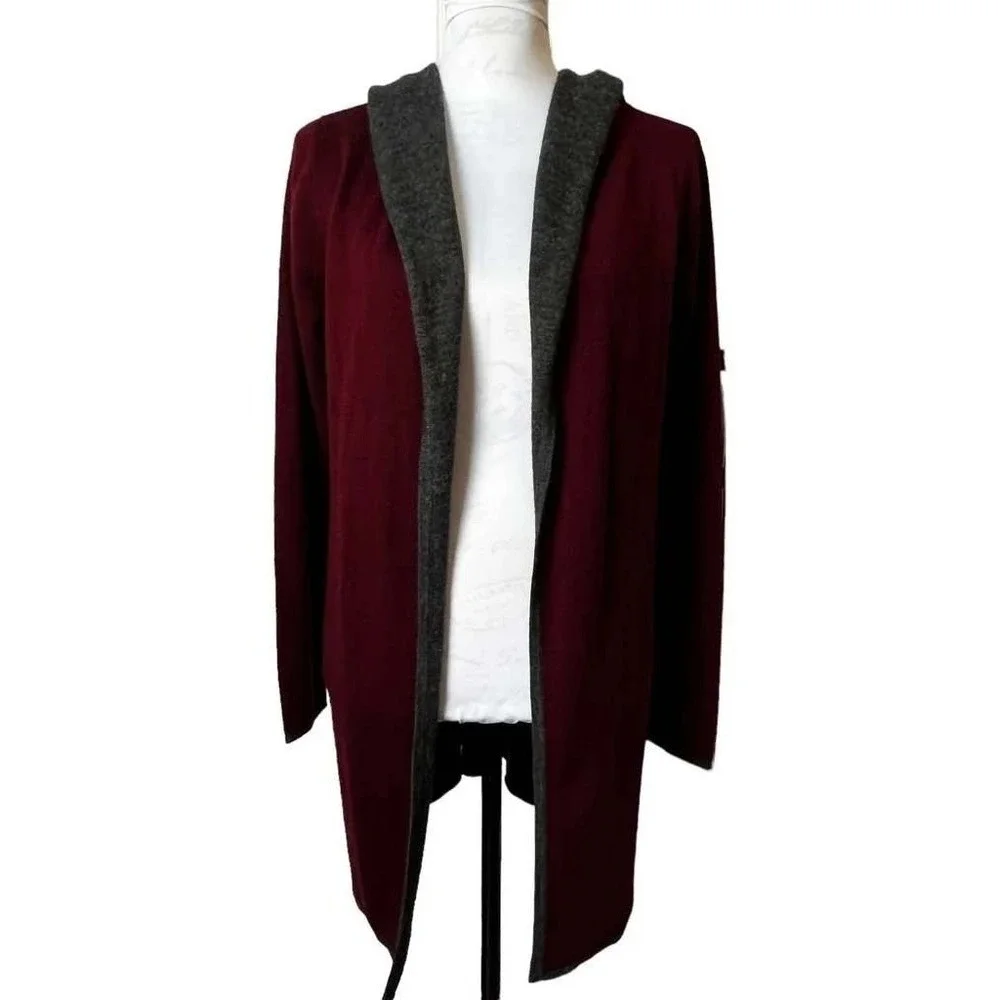 Blanc Noir Burgundy Wool Long Hooded Cardigan Sweater Women's Small Cozy Chic