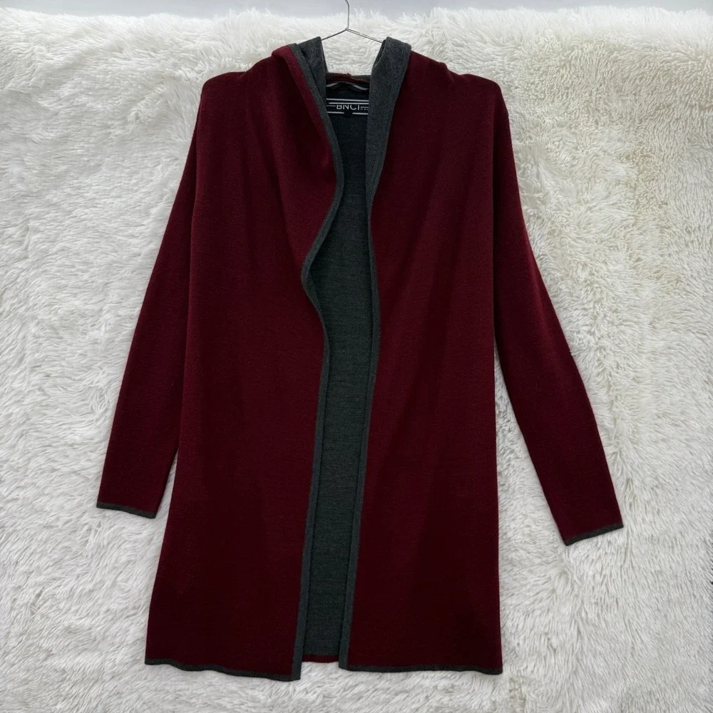 Blanc Noir Burgundy Wool Long Hooded Cardigan Sweater Women's Small Cozy Chic