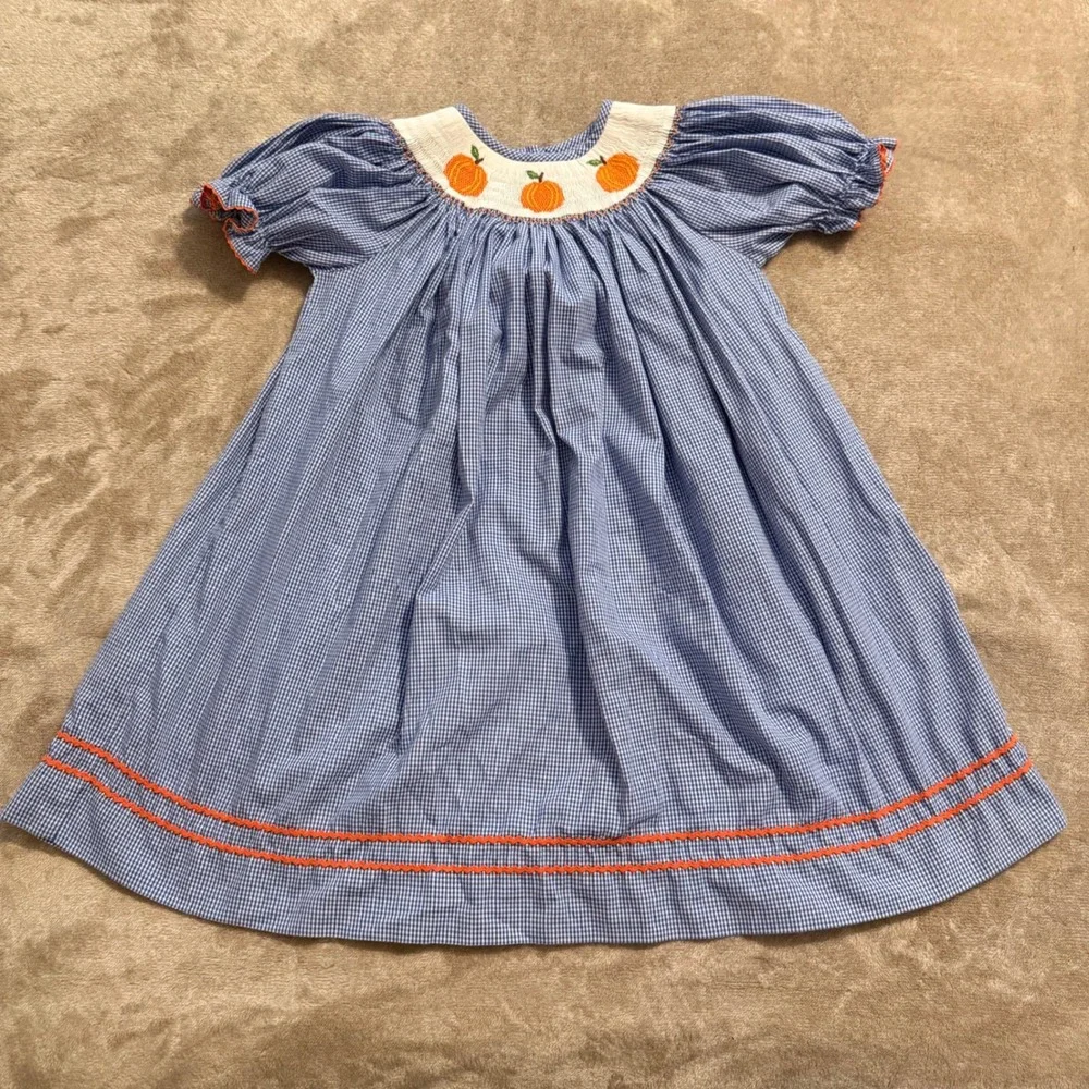Southern Smocked Company Girls Blue Gingham Pumpkin Smocked Dress Size 5 Fall