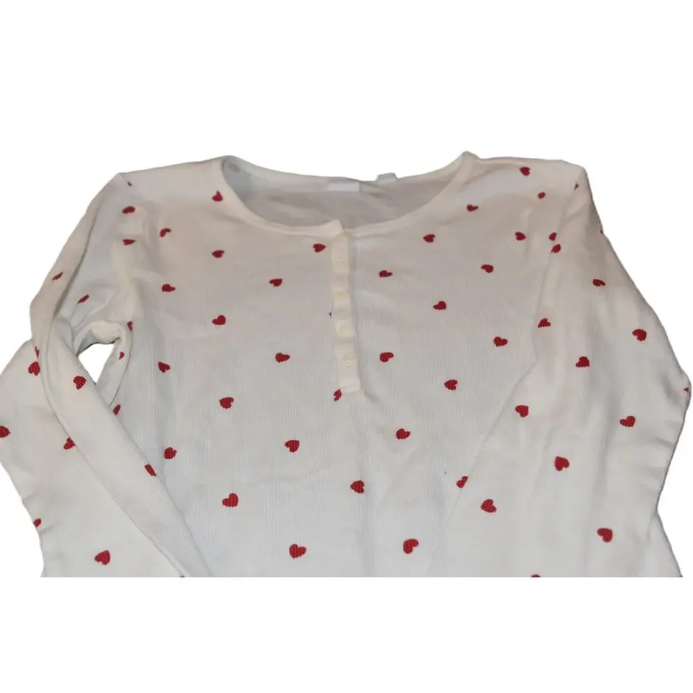 Gap Kids Ribbed Long Sleeve Henley, White with Red Hearts, Girl's XXL 14/16, LN