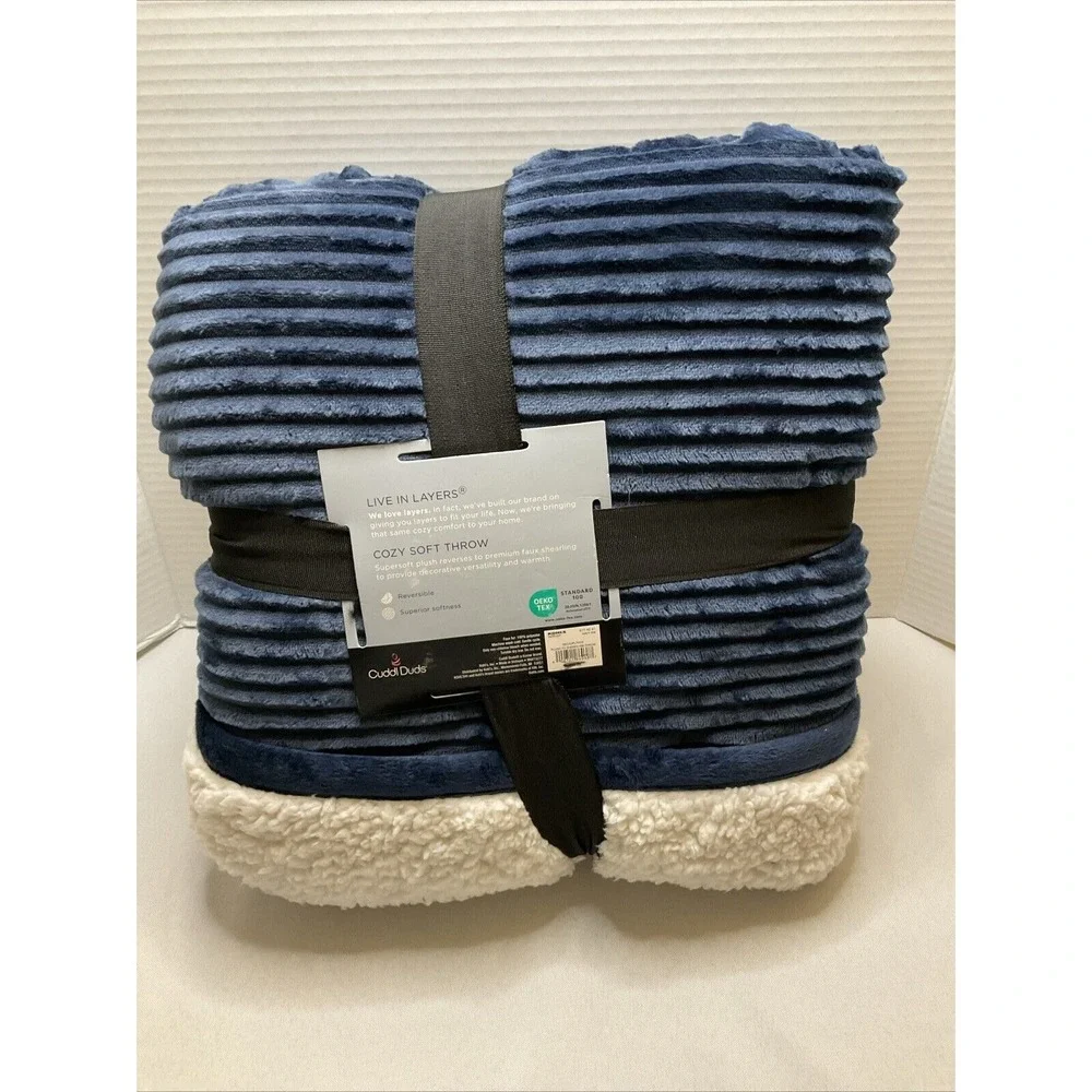 Cuddle Duds Navy‎ Blue Rib Microplush & Sherpa Fleece Plush Throw Blanket, 50x60