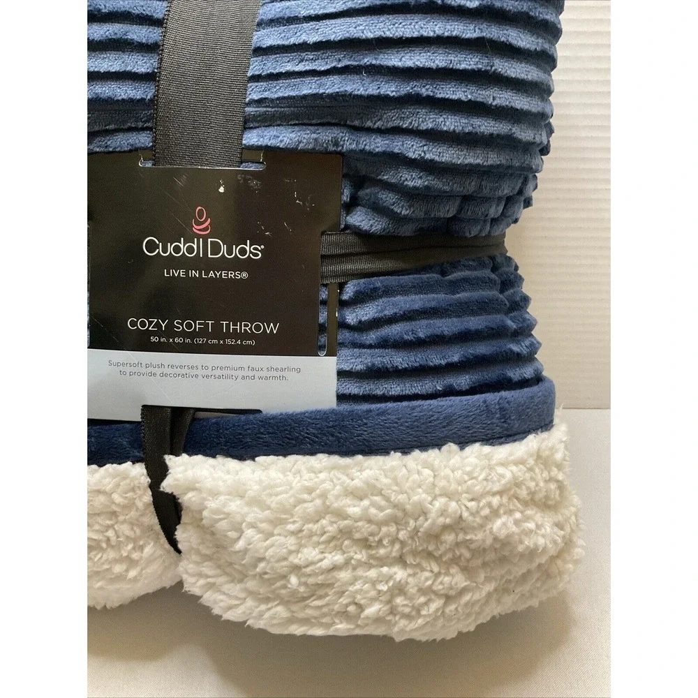 Cuddle Duds Navy‎ Blue Rib Microplush & Sherpa Fleece Plush Throw Blanket, 50x60
