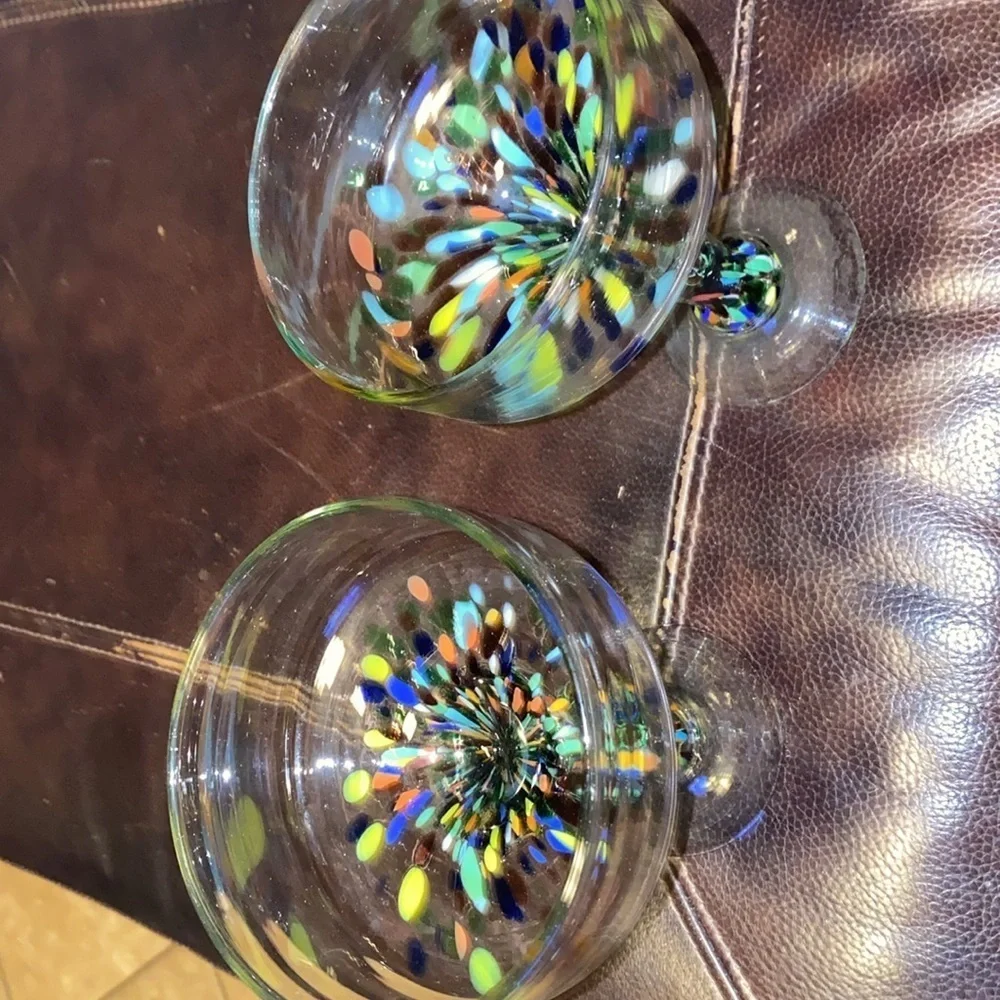 2 Hand Blown Crate & Barrel Margarita Glasses - Confetti Base